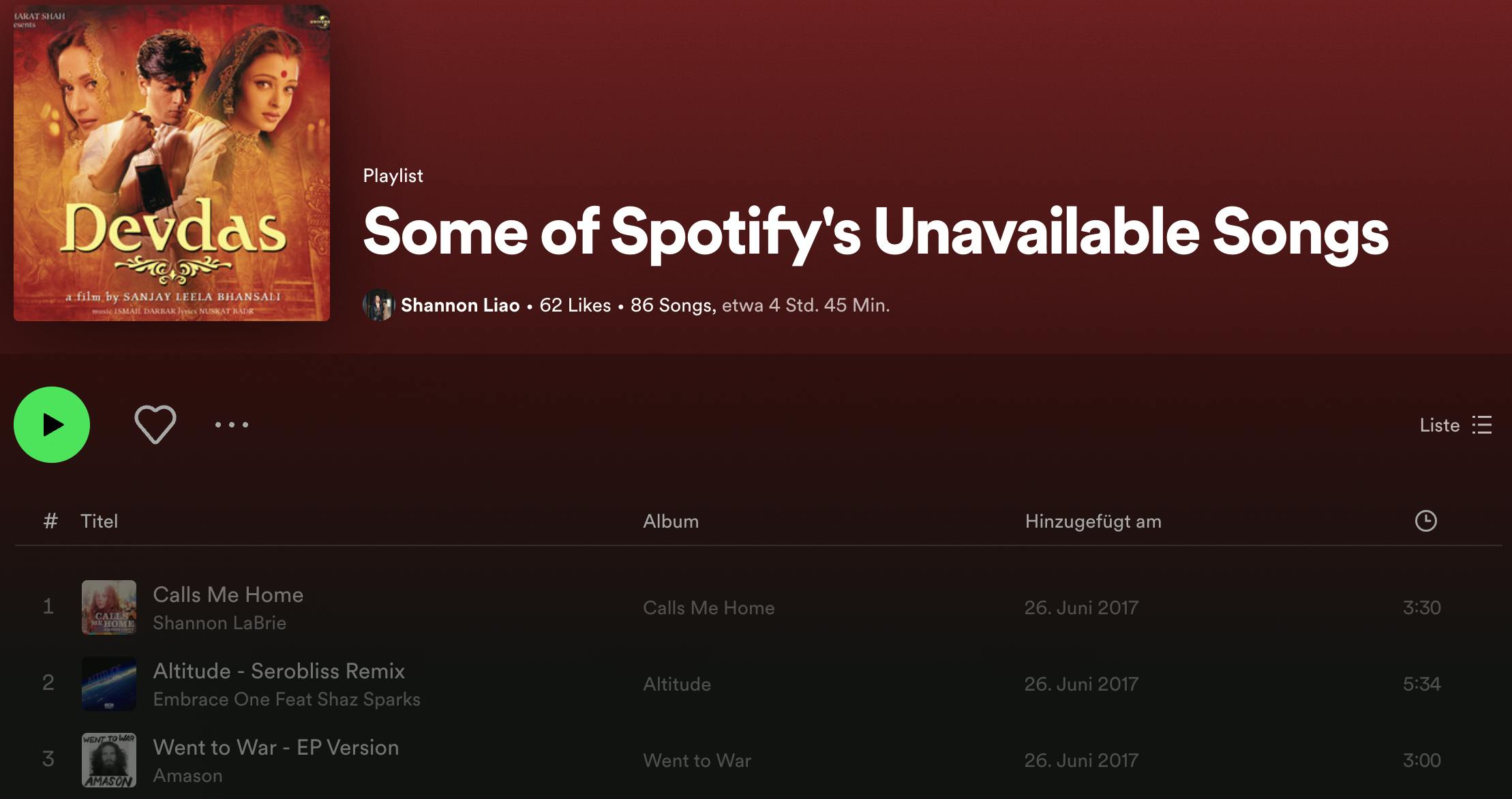 Songs, die von der Plattform verschwinden sind zwar noch ersichtlich, können aber nicht mehr abgespielt werden. (Bildquelle: Spotify) 