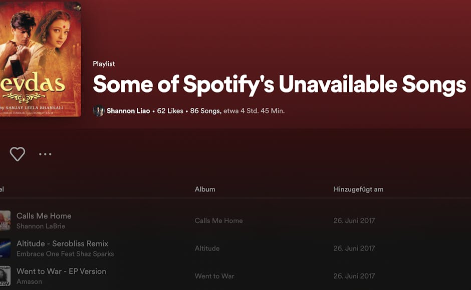 Songs, die von der Plattform verschwinden sind zwar noch ersichtlich, können aber nicht mehr abgespielt werden. (Bildquelle: Spotify) 