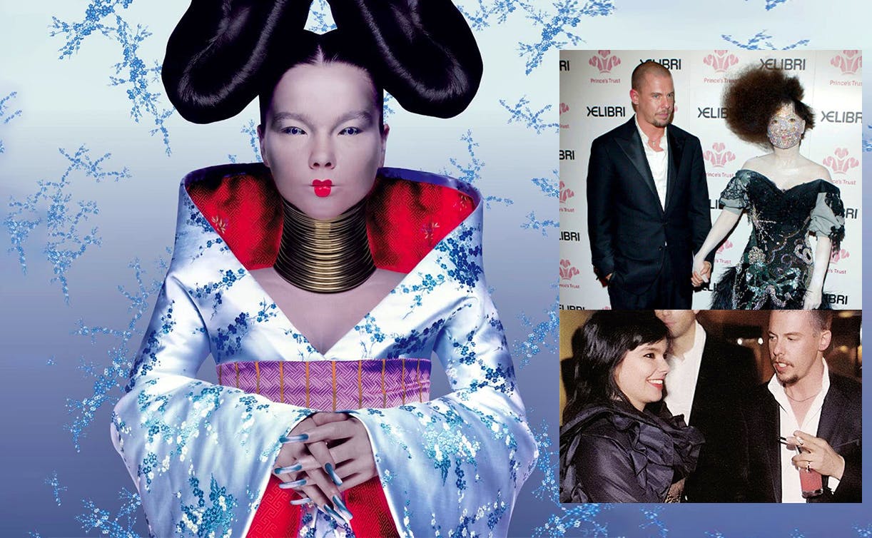 Pour cette image de la citoyenne multiculturelle moderne que Björk voulait être sur son album, Lee McQueen avait additionné des bagues de cou de style masaï, une manucure européenne, une robe kimono japonaise en soie damassée faite à la main et des cheveux en cornes de papillon inspirés des femmes amérindiennes des tribus Hopi et Tewa.  - DR - montage starzone