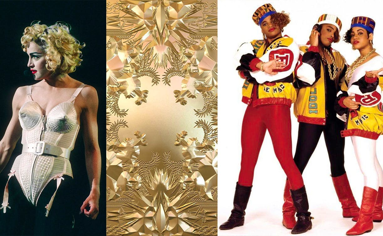 Madonna a travaillé en étroite collaboration avec  Jean Paul Gaultier pour de nombreux de ses looks les plus emblématiques. Avant de lancer sa propre marque et de travailler pour Vuitton, Virgil Abloh avait travaillé en étroite collaboration avec Kanye West, notamment pour la cover de l'album «Watch the Throne» et enfin, les Salt-N-Pepa dans des tenues du créateur new-yorkais Dapper Dan qui avait collaboré avec de nombreux artistes hip-hop dans les années 1980-90.  - DR - montage starzone
