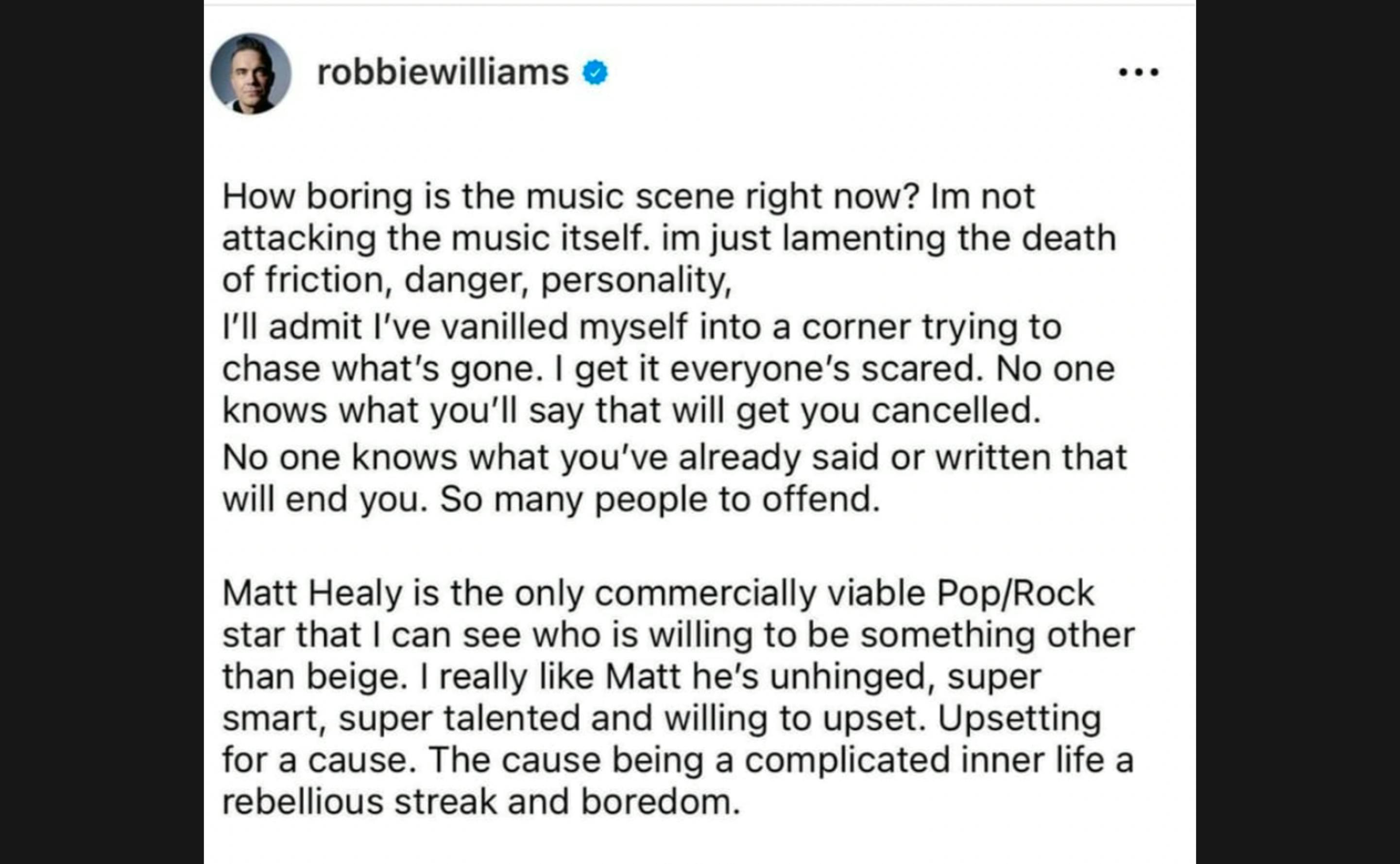 Der gelöschte Beitrag von Robbie Williams. Offenbar hat auch er keine Lust mehr anzuecken. 
